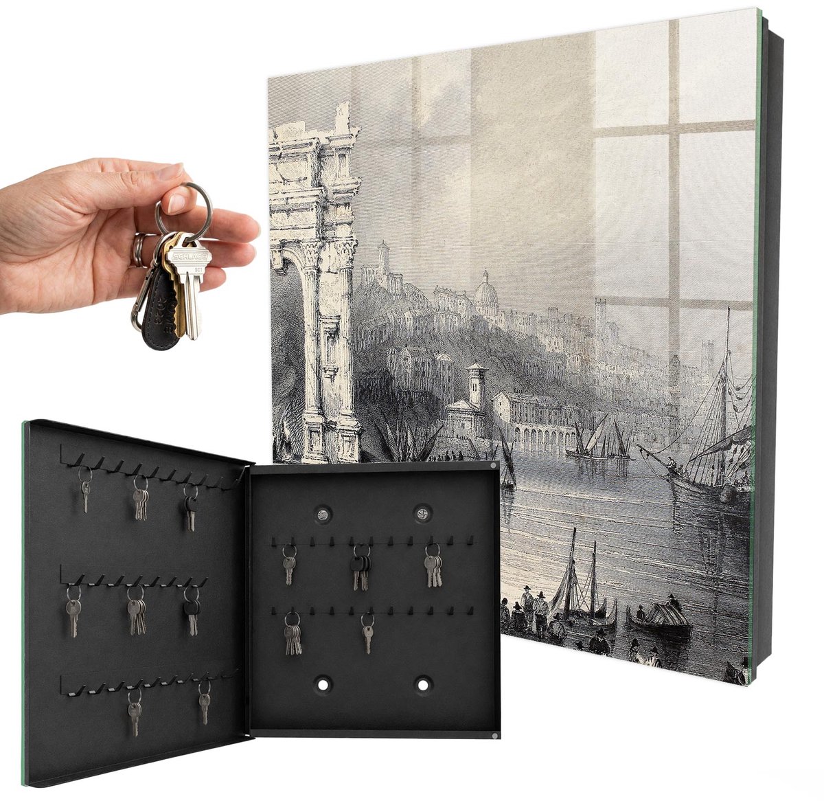 WallMuralia - Sleutelkast - 30x30x5 cm - met 50 haken - De Boog Van Trajanus En De Citadel Van Ancona Sleutelkastje Hal - Grijs Sleutelbox - Linksopenend - Zwart interieur