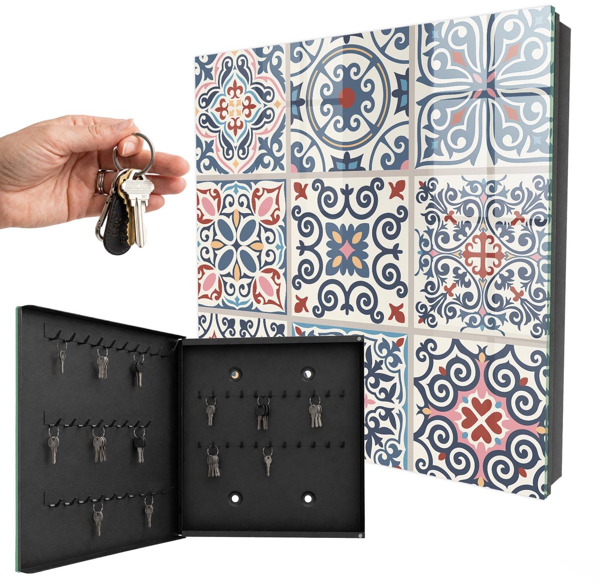 WallMuralia - Sleutelkast - 30x30x5 cm - met 50 haken - Mozaïekpatronen Sleutelkastje - Blauw Sleutelbox - Linksopenend - Zwart interieur