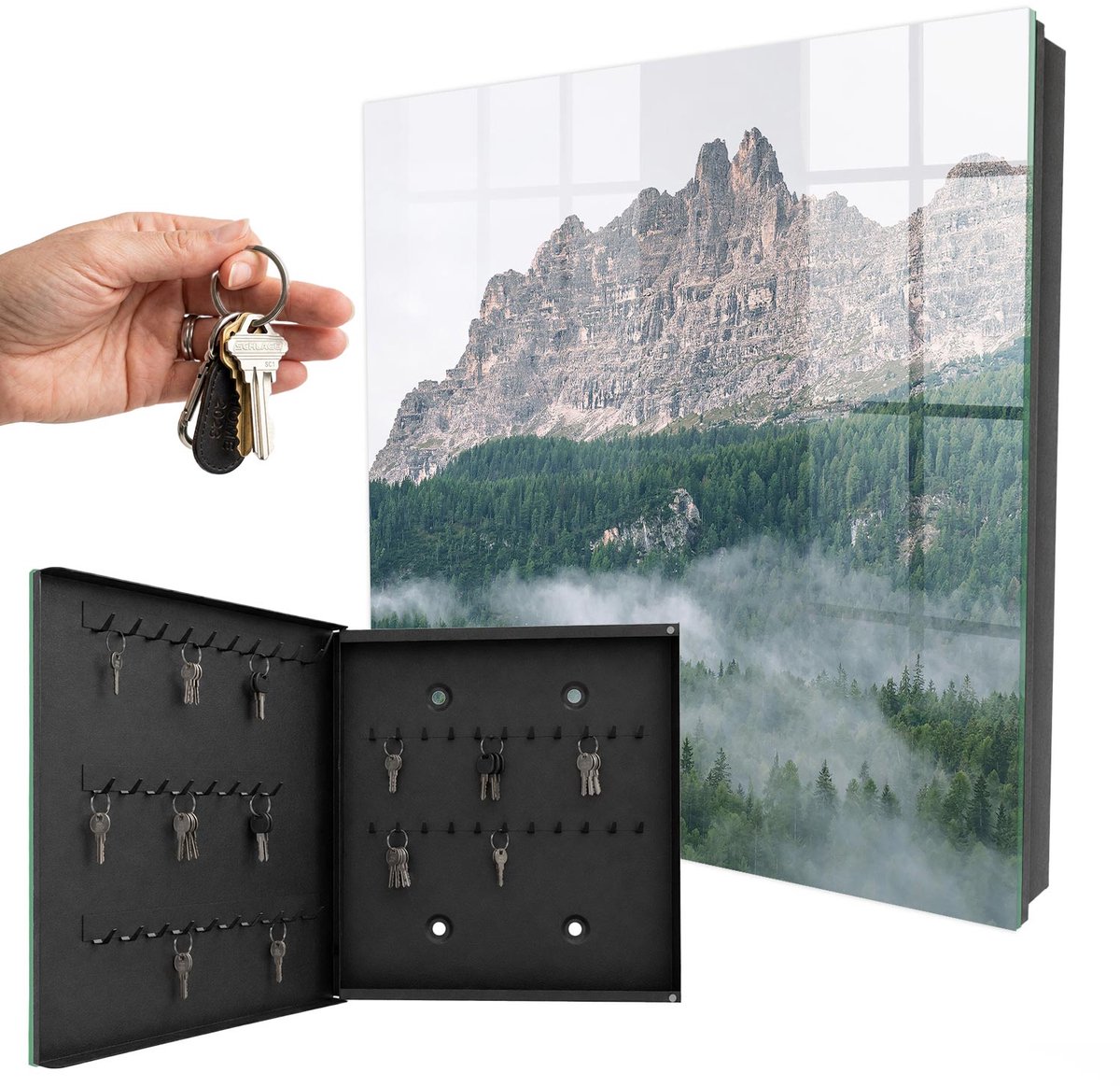 WallMuralia - Sleutelkast - 30x30x5 cm - met 50 haken - Bergpanorama Sleutelkastje Binnen - Groente Sleutelbox - Linksopenend - Zwart interieur