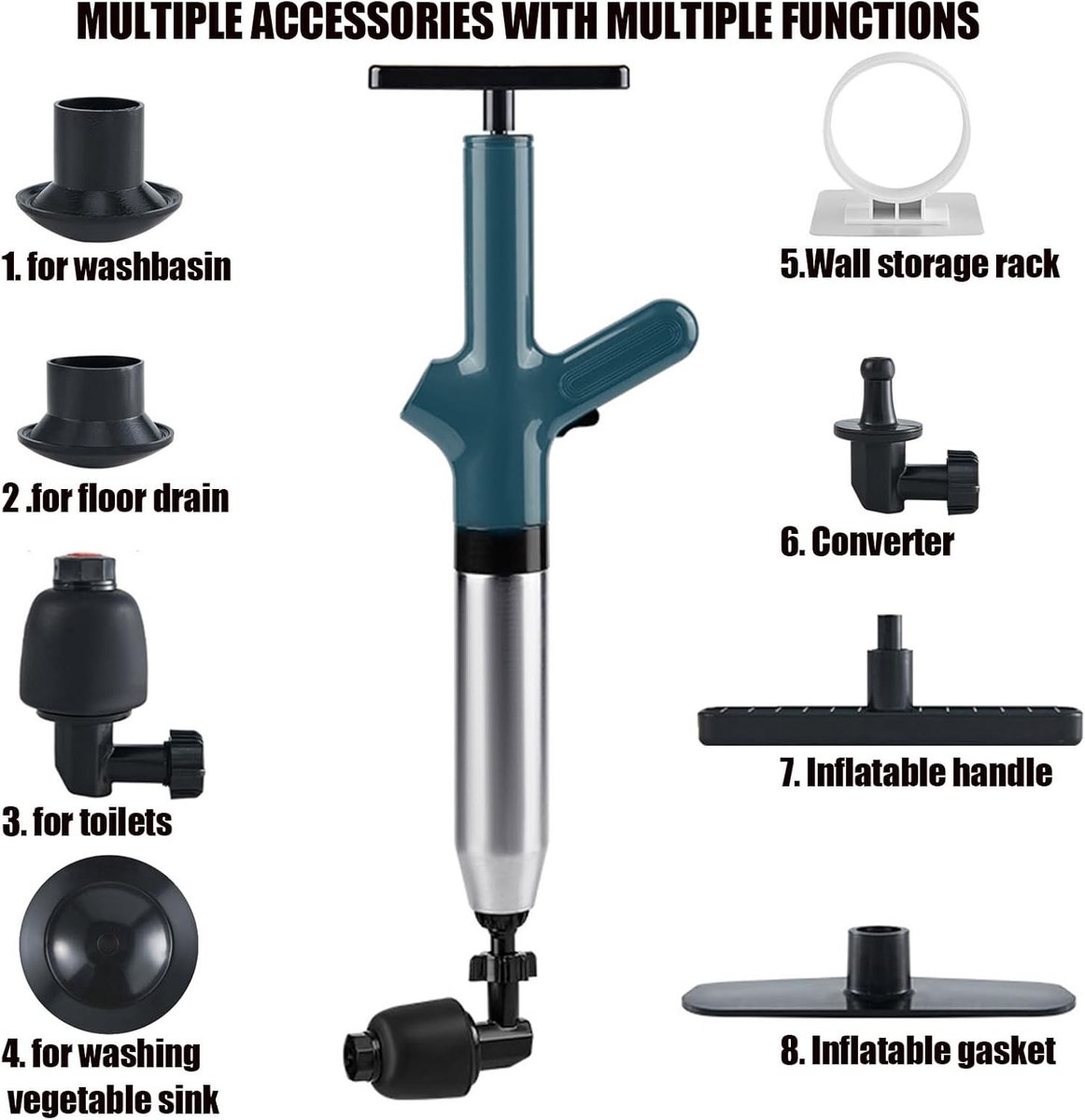 Toiletontstopper met Hogedrukpomp, Piston Cleaner voor Toilet, Wastafel en Badkuip met Barometer en Compressed Air Hoses