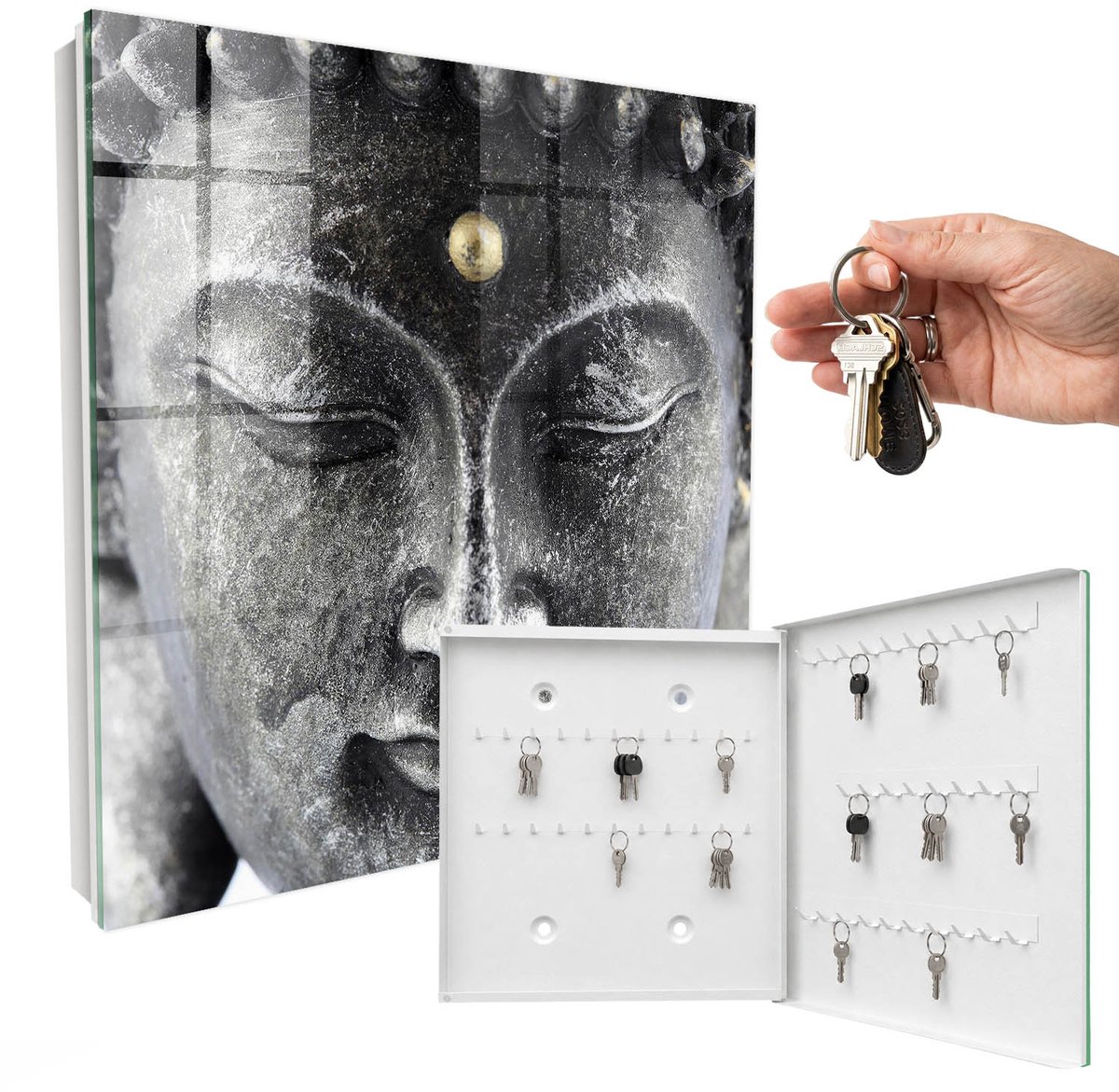 WallMuralia - Sleutelkast - 30x30x5 cm - met 50 haken - Zen-Portret Sleutelkastje Design - Grijs Sleutelbox - Rechtsopenend - Wit interieur
