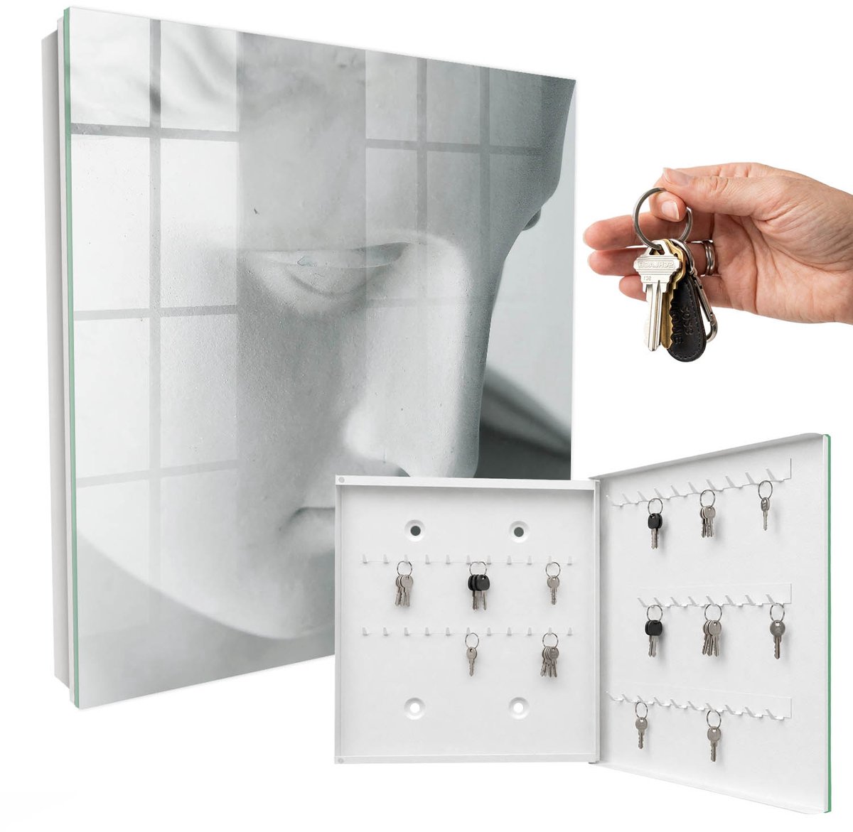 WallMuralia - Sleutelkast - 30x30x5 cm - met 50 haken - Klassieke Vrede Design Sleutelkastje - Wit Sleutelbox - Rechtsopenend - Wit interieur