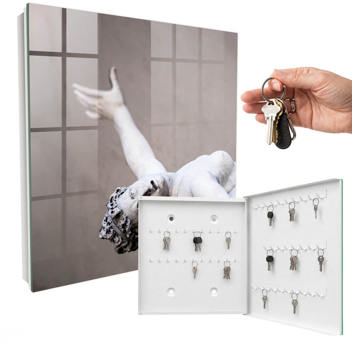 WallMuralia - Sleutelkast - 30x30x5 cm - met 50 haken - Klassieke Sculptuur Sleutelkastje Landelijk - Grijs Sleutelbox - Rechtsopenend - Wit interieur