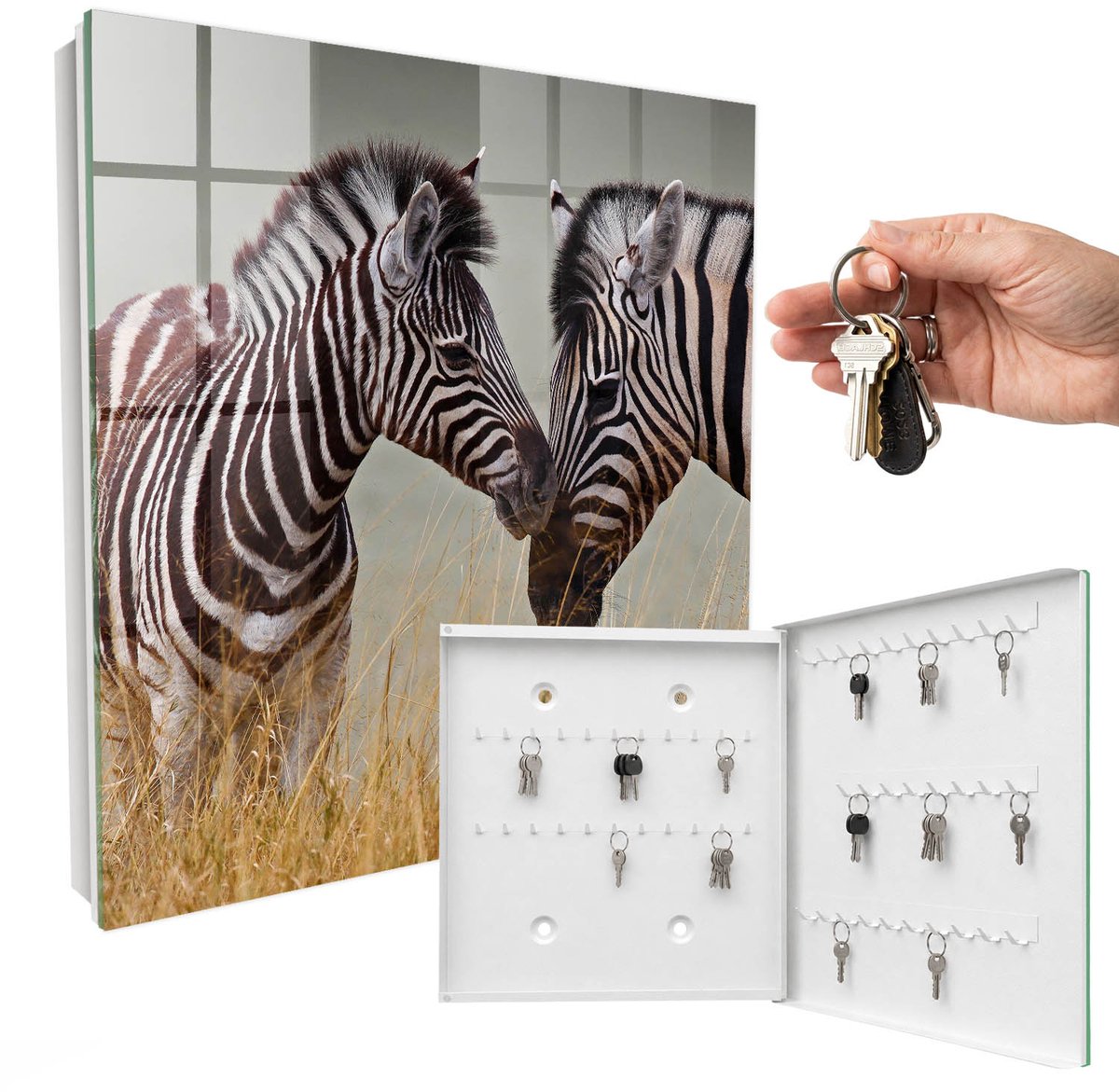 WallMuralia - Sleutelkast - 30x30x5 cm - met 50 haken - Zebra'S Samen Sleutelkastje Voor Binnen - Zwart-Wit Sleutelbox - Rechtsopenend - Wit interieur