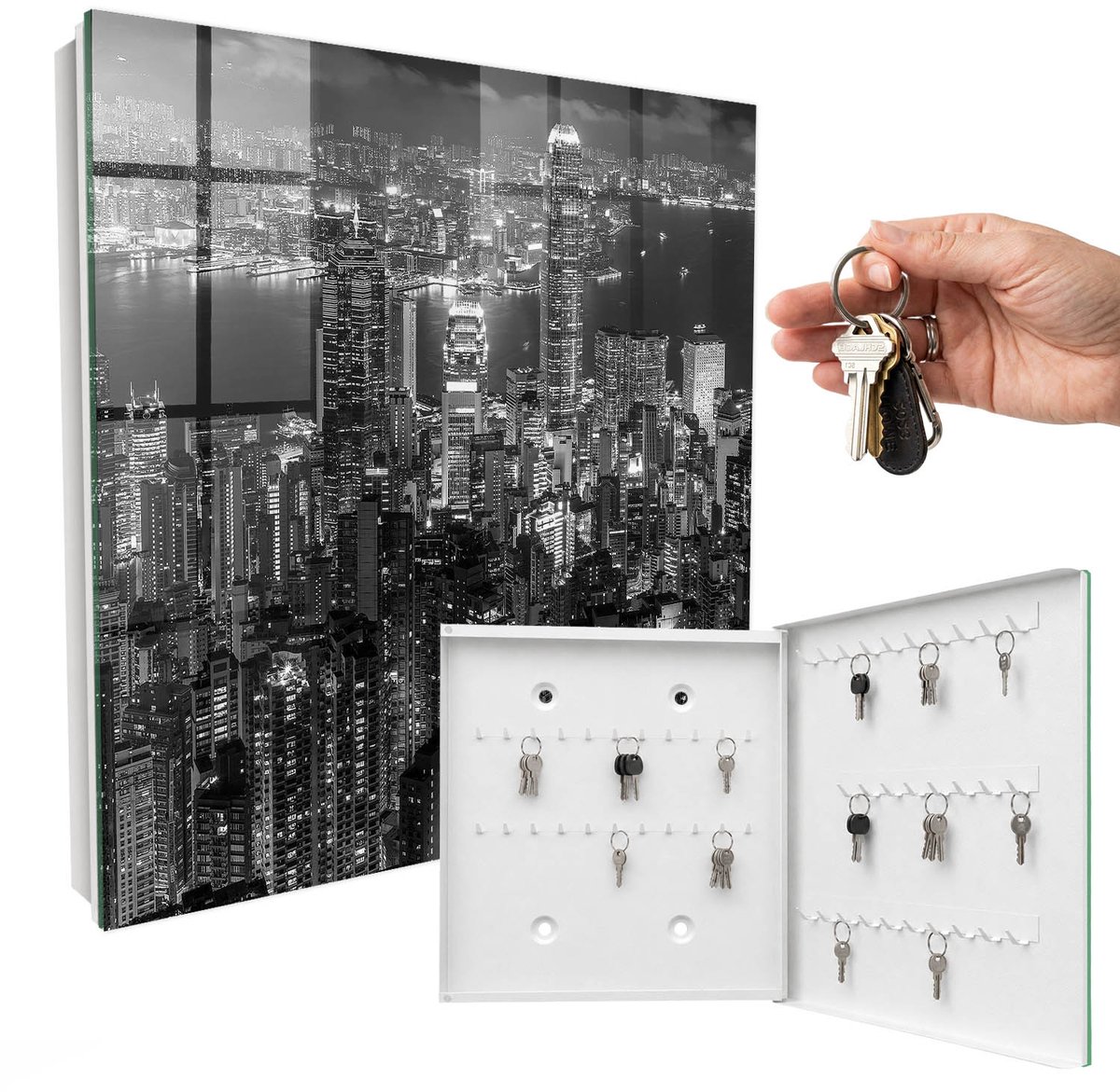 WallMuralia - Sleutelkast - 30x30x5 cm - met 50 haken - Stadsnacht Sleutelkastje Hal - Zwart Sleutelbox - Rechtsopenend - Wit interieur