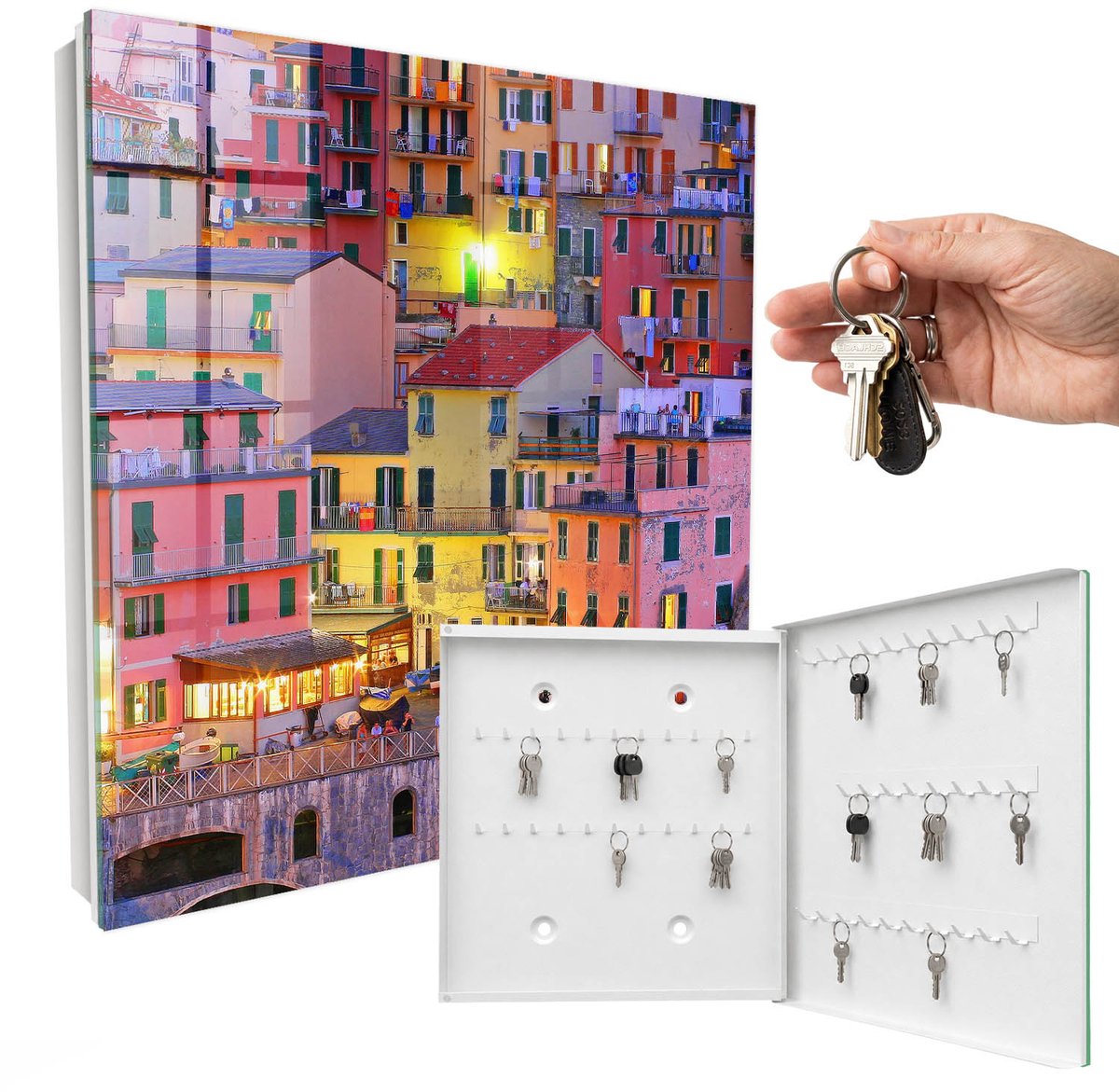 WallMuralia - Sleutelkast - 30x30x5 cm - met 50 haken - Kleuren Van De Stad Sleutelkastje - Geel Sleutelbox - Rechtsopenend - Wit interieur