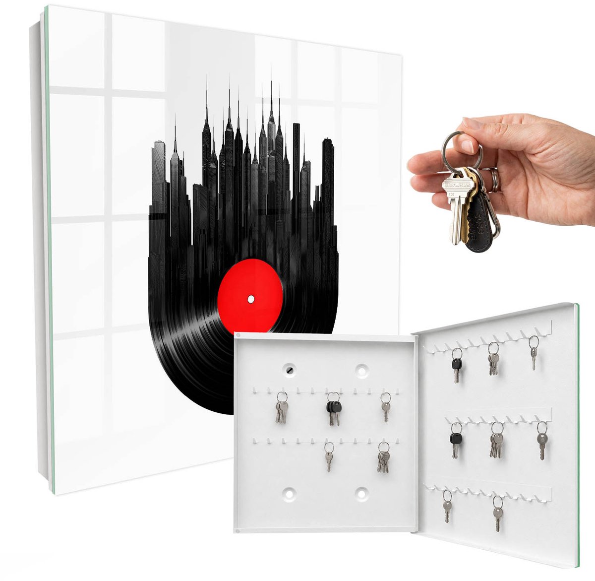 WallMuralia - Sleutelkast - 30x30x5 cm - met 50 haken - Muziek Van De Stad Sleutelkastje Landelijk - Zwart Sleutelbox - Rechtsopenend - Wit interieur