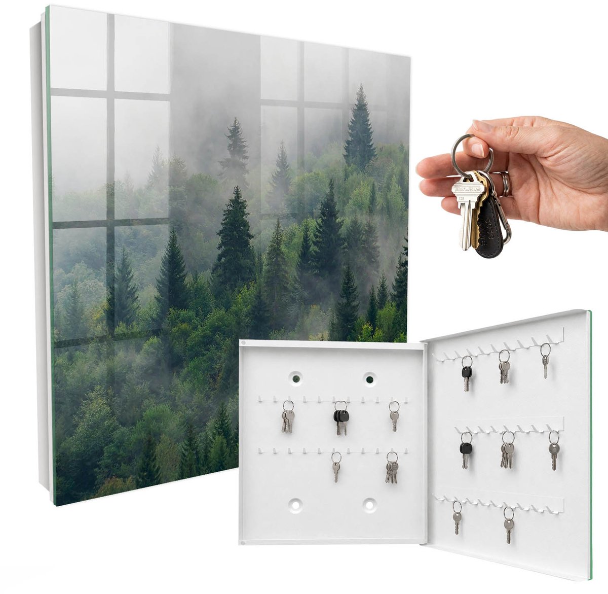 WallMuralia - Sleutelkast - 30x30x5 cm - met 50 haken - Nevelbos Sleutelkastje Modern - Groente Sleutelbox - Rechtsopenend - Wit interieur
