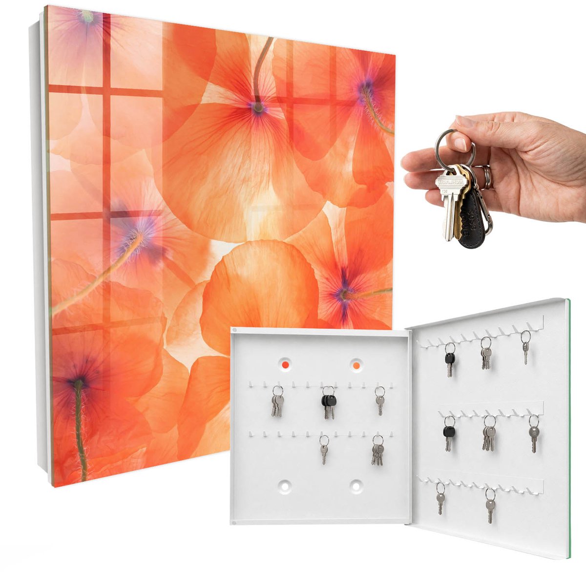 WallMuralia - Sleutelkast - 30x30x5 cm - met 50 haken - Bloemige Extase Sleutelkastje Klein - Oranje Sleutelbox - Rechtsopenend - Wit interieur