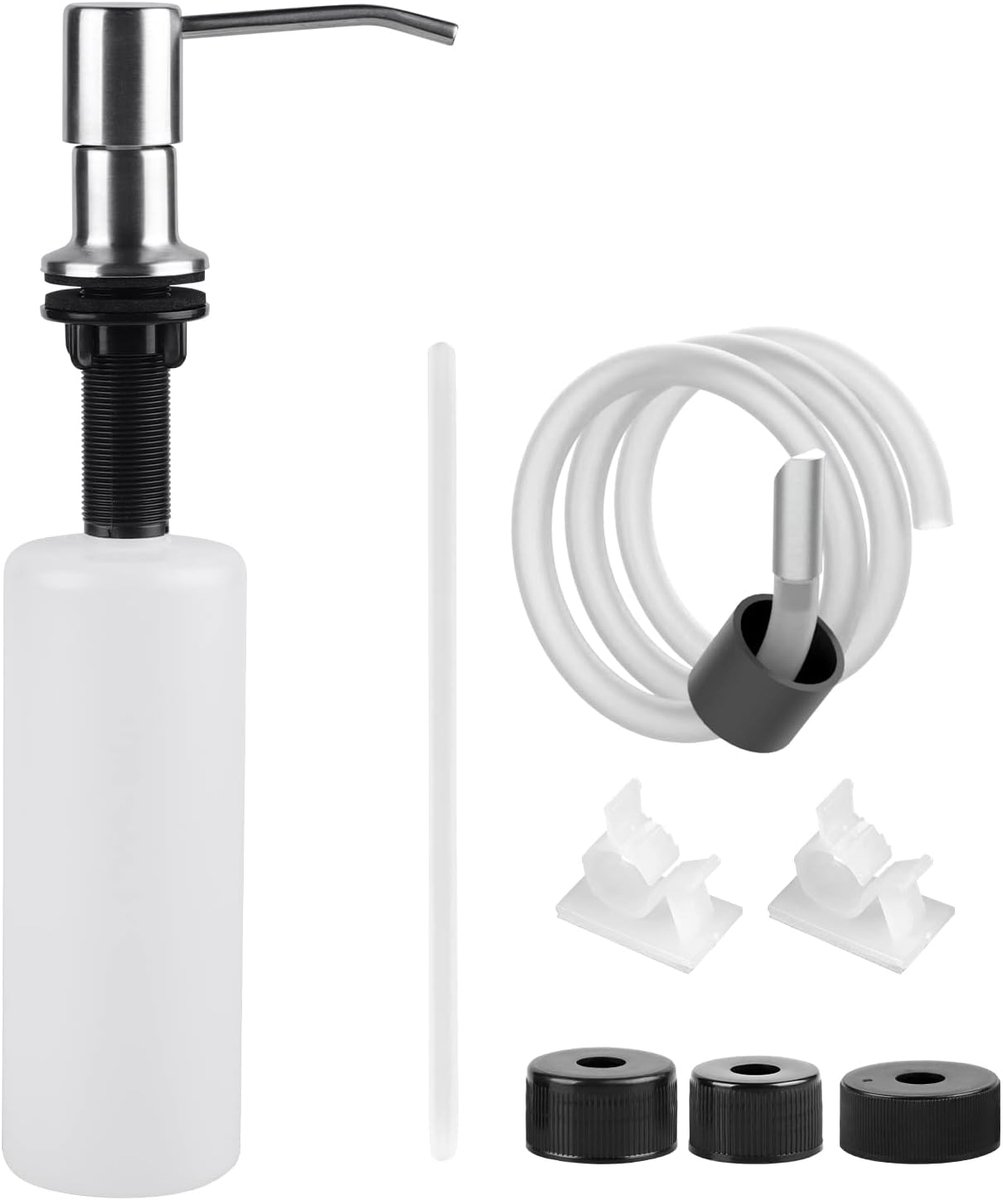 SnelShoppen - Keukenafwaszeep Dispenser met 1m Siliconen Slang, 500ml Plastic Fles, RVS Pomp, 4 Universele Doppen, 2 Clips, Ideaal voor Keuken en Badk