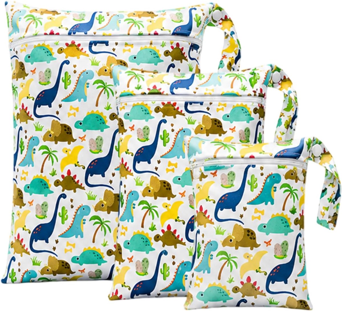 SnelShoppen - 3-delige Dinosaurussen Wetbags Set, Waterdichte Luierzak & Nat Bag voor Baby's en Peuters, Handige Reis Wetbag met Schattige Dinosaurus