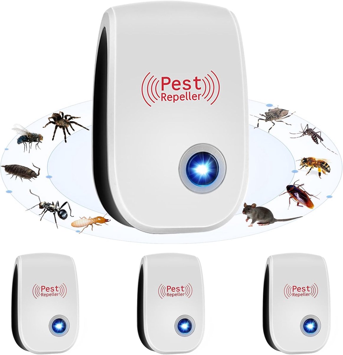 4-delige set - Ultrasone insectenverdelger - Insectenverdelger - Muggenverdelger - Vliegenval - Insectenbestrijding - Eenvoudige installatie - Plug and Play - Geschikt voor ratten, muggen, kakkerlakken en knaagdieren - Wit
