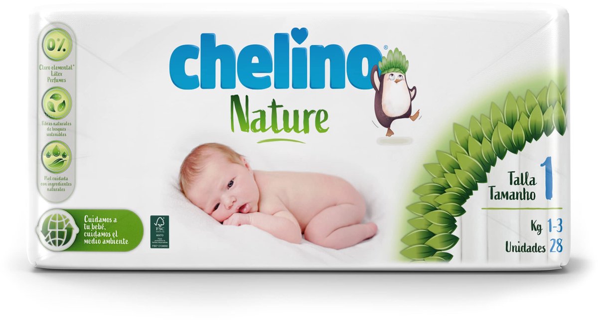 SnelShoppen - Chelino Nature Kinderluier Maat 1 (1-3 kg) - 252 Luiers - Milieuvriendelijk, Zacht, Ademend, Hypoallergeen, Geschikt voor Pasgeborenen