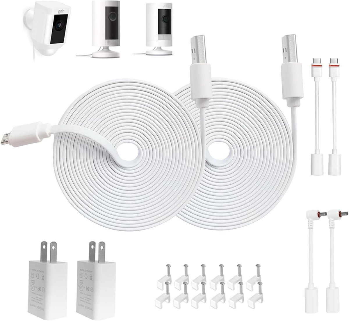Stroomverlengkabel Camera - Adapterkabel Oplader - Beveiligingscamera Voeden - Platte Dunne Kabel - 3 meter - Wit