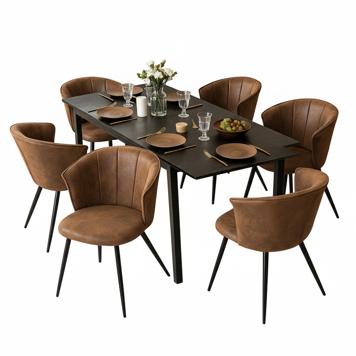 Eethoek - Uitschuifbare Houtlook Tafel Met 6 Vintage Stoelen - Bruin