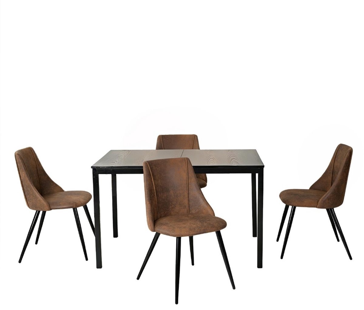 Eethoek - Uitschuifbare Houtlook Tafel en 4 Kunstsuède Stoelen - Bruin