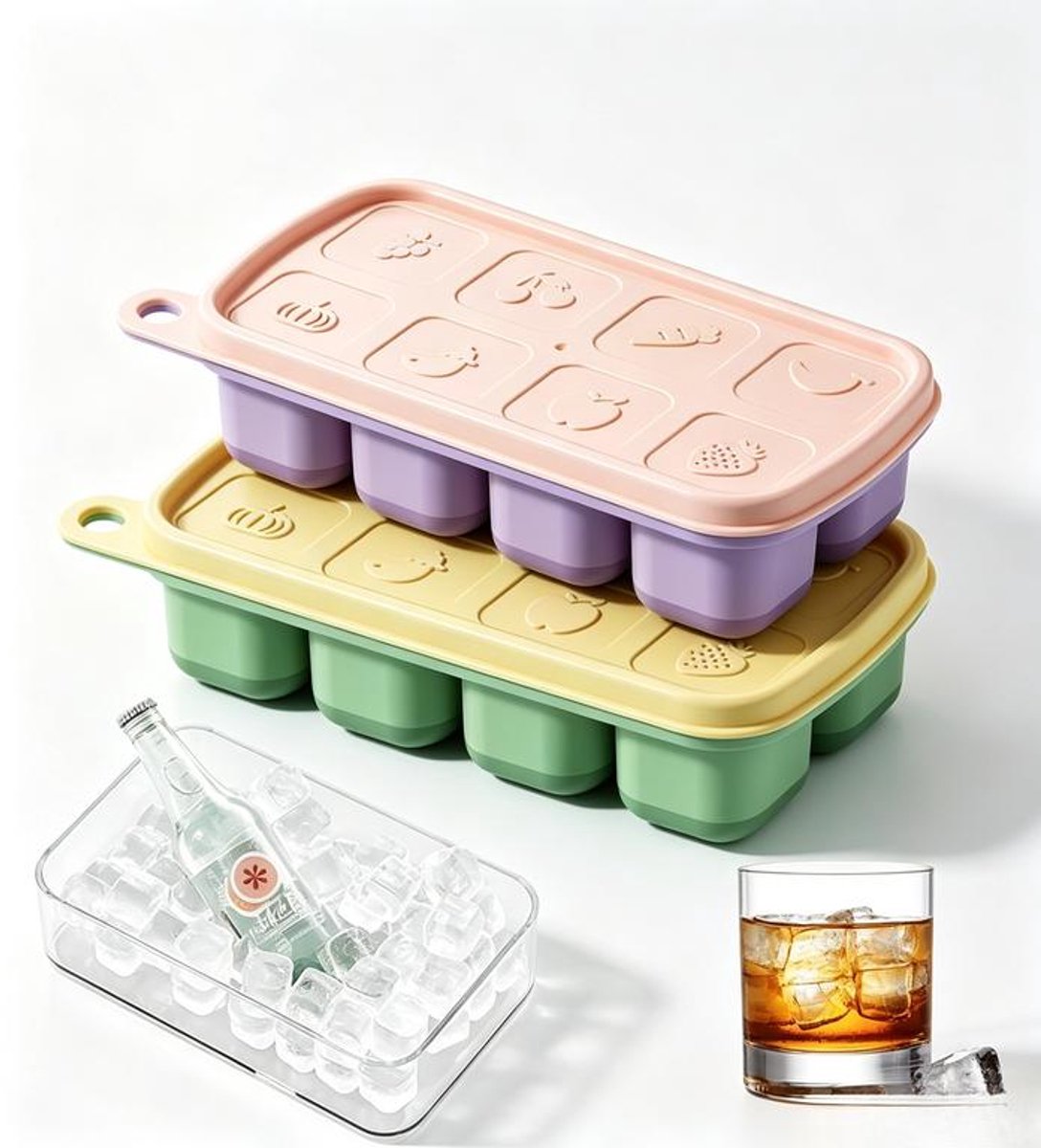 KZQ siliconen ijsblokjesvormen - 2 schattige siliconen ijsblokjesvormen - Met deksel - BPA-vrij, gemakkelijk te ontvormen - Perfect voor whisky, cocktails, babyvoeding en feestjes - Roze-paars en geelgroen - 15 x 4 x 7 cm
