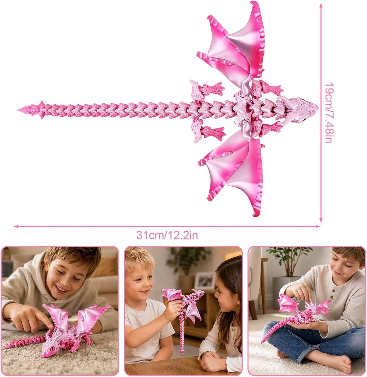 3D-gedrukte draak met vleugels, 30 cm flexibel vliegerspeelgoed voor kinderen, realistisch en buigzaam, perfect als verjaardagscadeau en voor verzamelaars