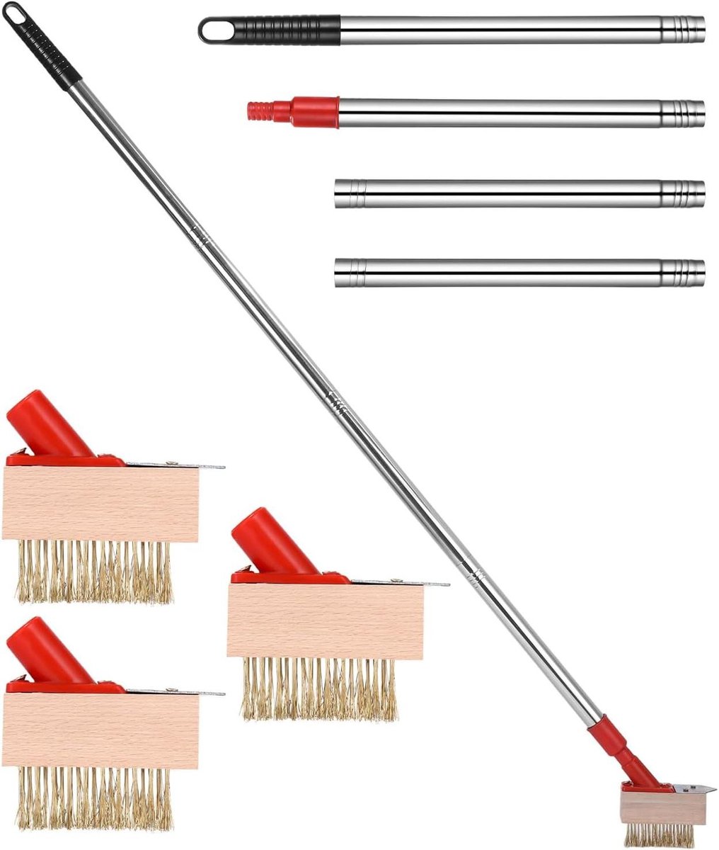 Onkruidborstel - Voegenkrabber - Terras Reinigen - V-vormige Messing Borstels - Telescoopsteel - Rood