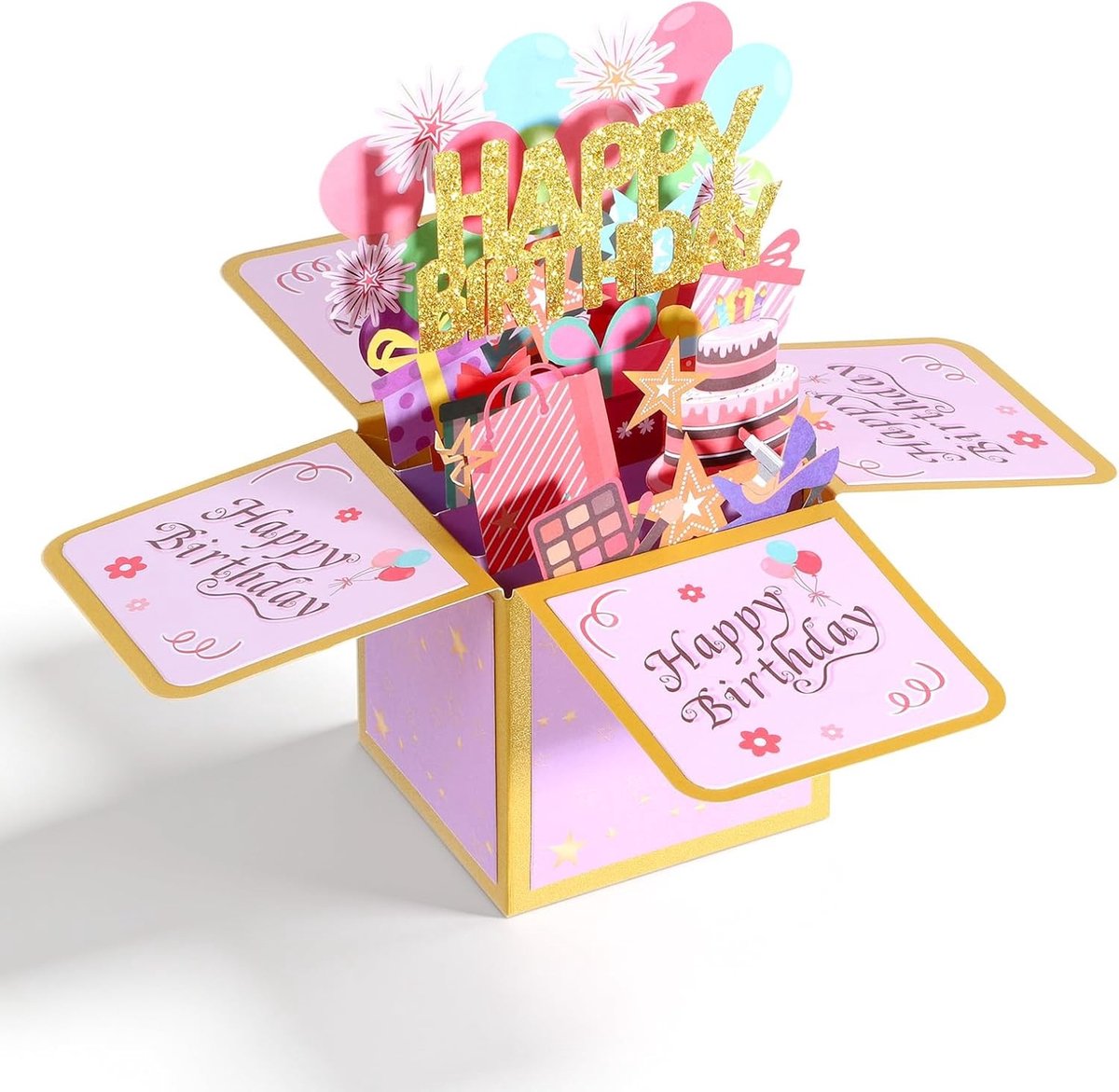 Pop-up verjaardagskaart met envelop, 3D wenskaart voor mannen en vrouwen, uniek cadeau voor verjaardag, vrienden en familie, roze ontwerp