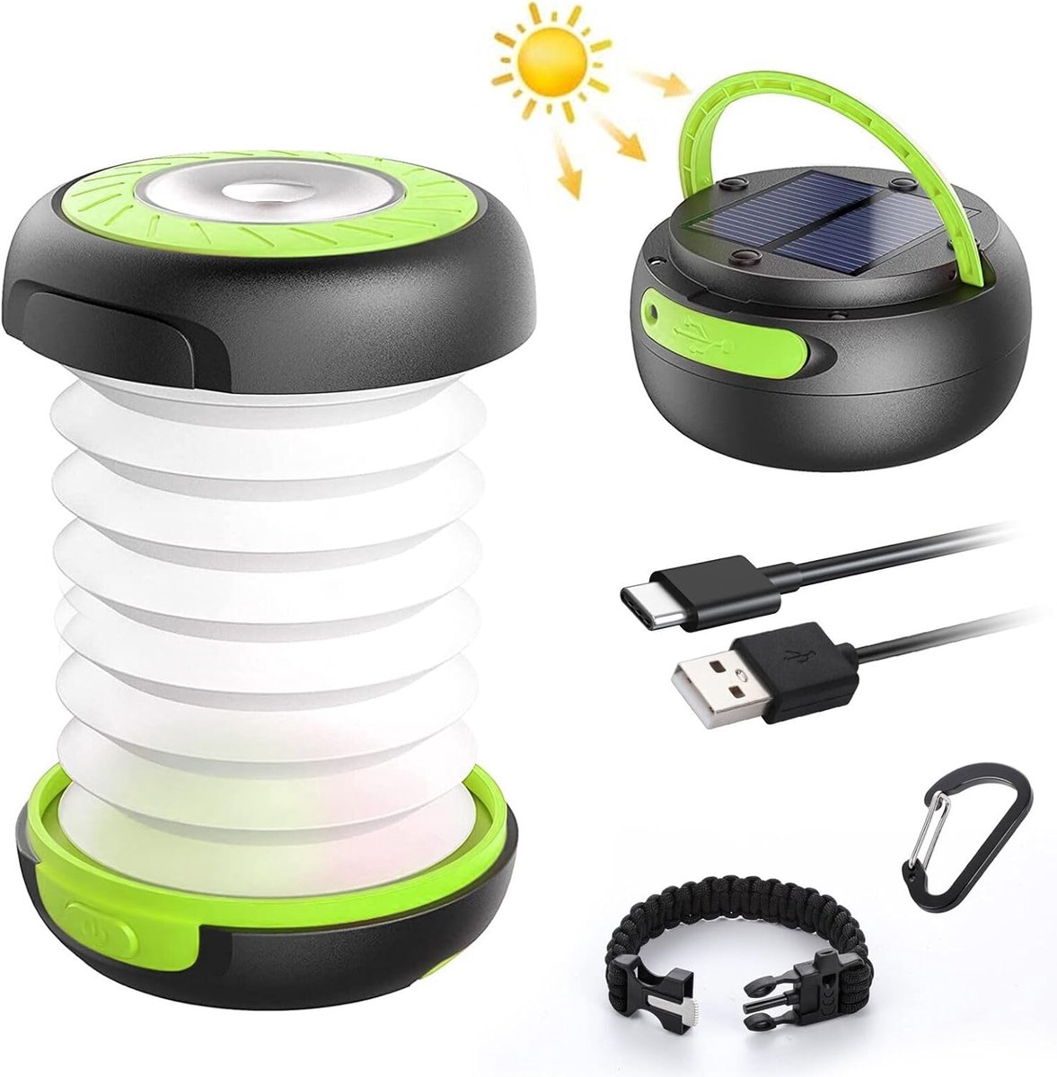 LED Camping Lamp Opvouwbare Solar Camping Lantaarn Power Bank met 2 laadmethoden (Solar/USB) en 3 lichtmodi voor kamperen, vissen, noodgevallen -incl. Survival Armband met fluitje (groen)