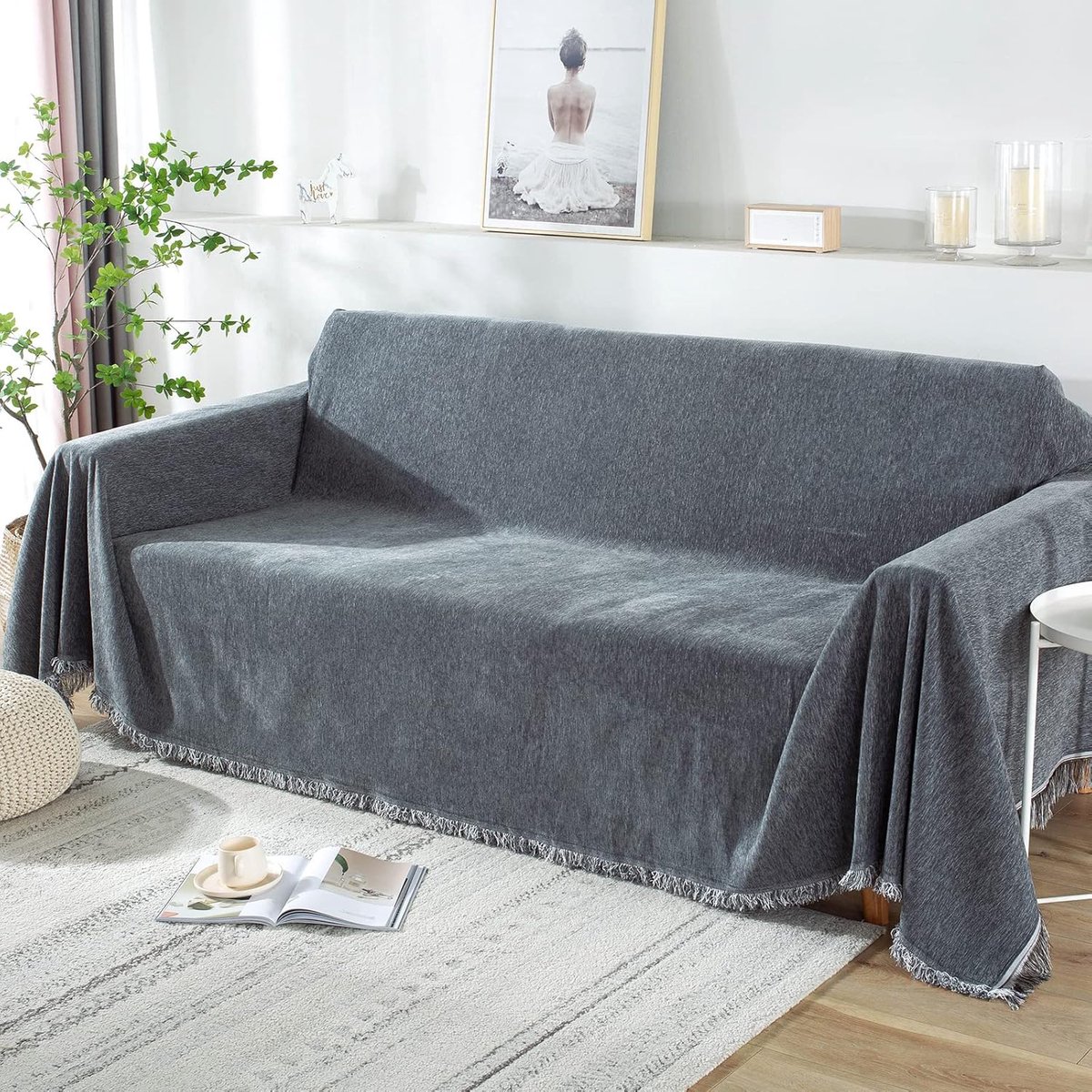 bankhoes voor 2-/3-/4-zits, wasbare antislip, vuilafstotende bankhoes met kwastjes (180 x 300 cm, donkergrijs)