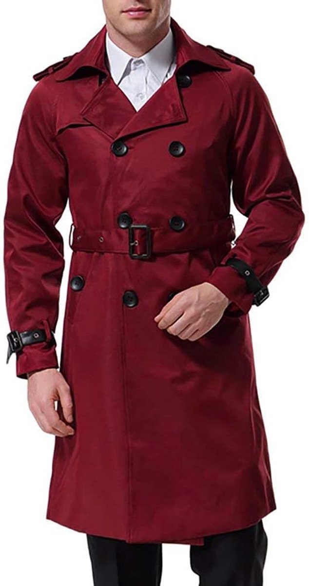 Trenchcoat voor heren, lang, slim fit, dubbele rij mantel in