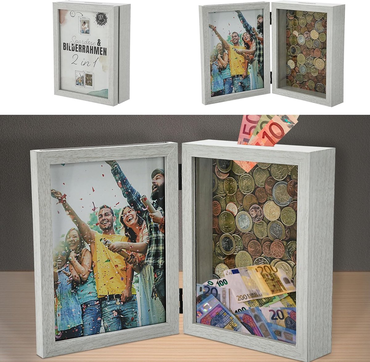 fotolijst 2 in 1 wit Mdf 19x14,5x5,5cm frame met muntengleuf voor het