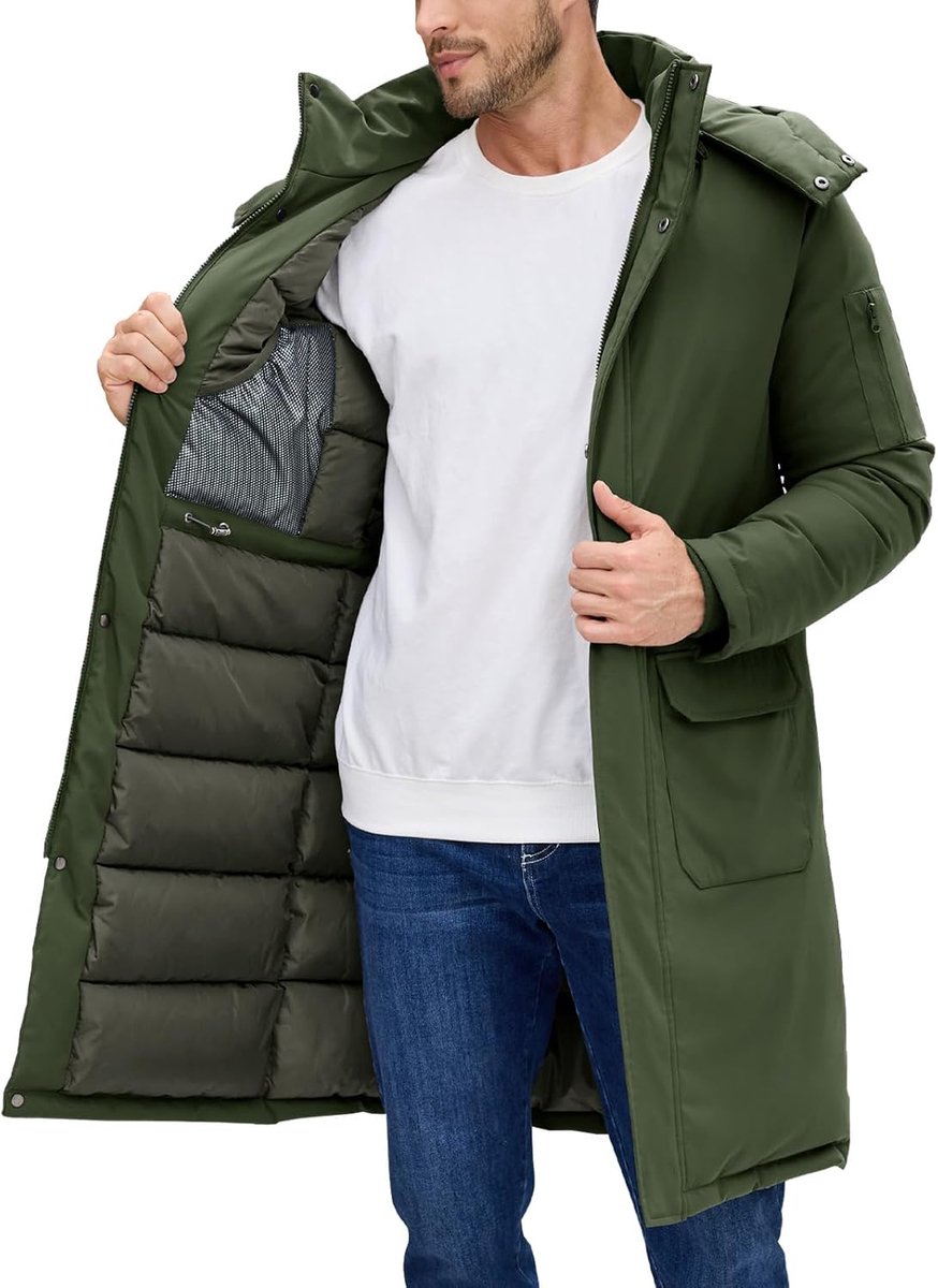 Winterjas voor heren, lang, warm, gevoerd, thermische parka met afneembare capuchon, mantel met ritssluiting en winddichte werkzakken