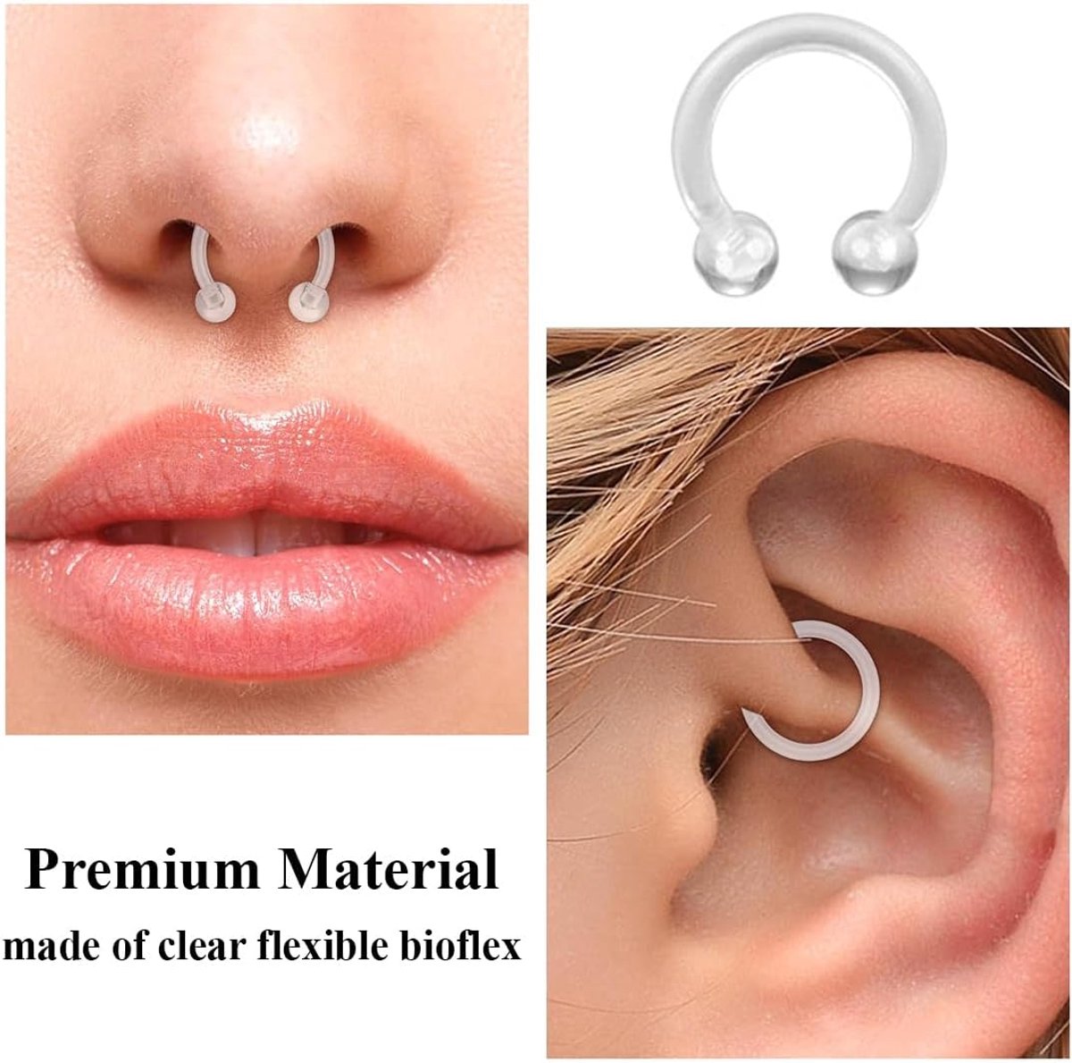 Piercing Retainer, Onzichtbare Bioflex Plastic Heldere Piercing Set, 16G 18G 20G Neusseptum Kraakbeen Tragus Oorbellen, Neussteker voor het Verbergen van Piercings voor School en Werk