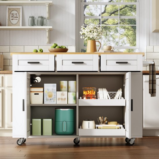 MIVRAY Keuken Eilandwagen Met Klapbaar Werkblad En Veel Opbergruimte Voor Keuken En Eetruimte MDF Natural White 120x70x84 Cm van Borvat — afbeelding 5