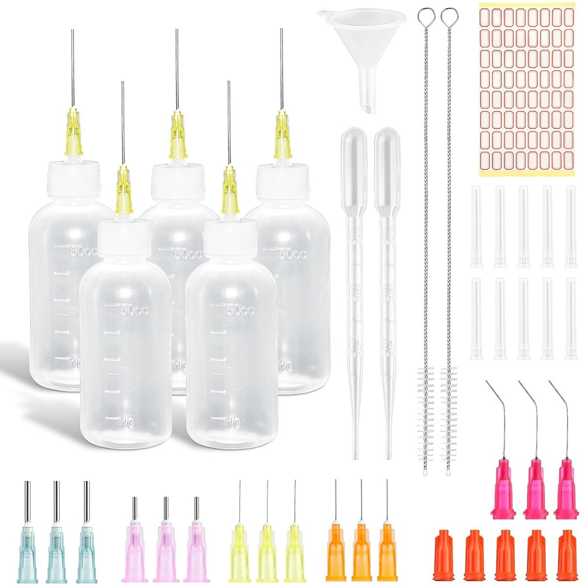 5 stuks naald flesjes, 50ml precisiepunten applicator fles met 20 doseernaalden en 15 doppen, naaldpunt-kleefstof fles, naaldflesjes-applicator voor DIY handwerk aanvulkleefstof, naaimachineolie