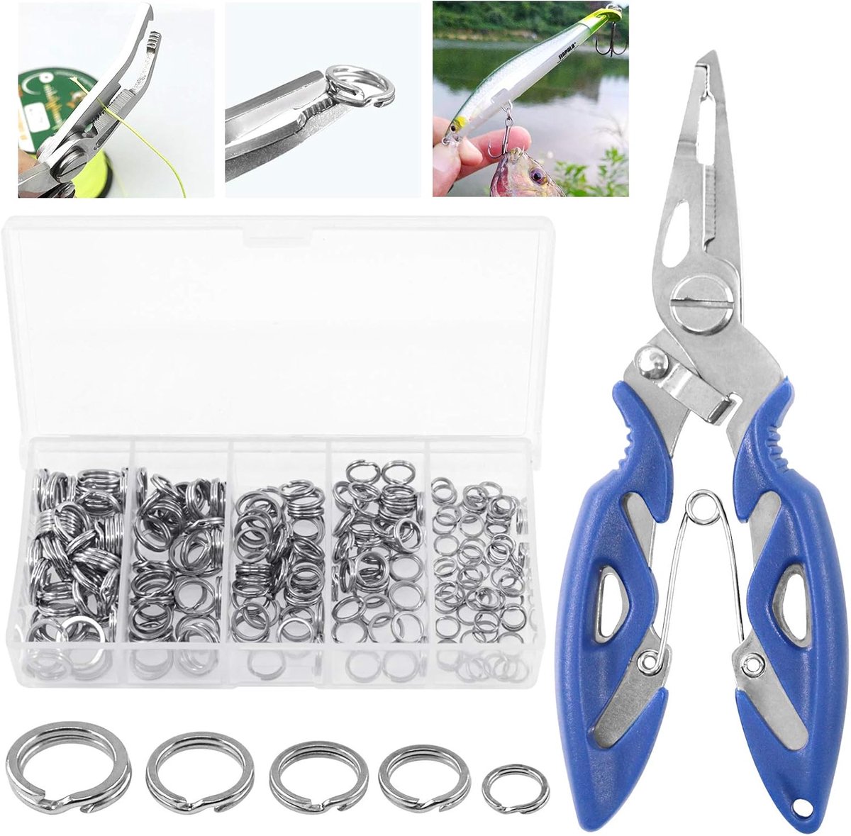 201 Stks Roestvrij Staal Vissen Split Ringen 5 Maten Dubbele Hoge Sterkte Lokken Tackle Connector Kit met Vissentang Vis Haak Remover Visgerei voor Zoetwater en Zoutwater
