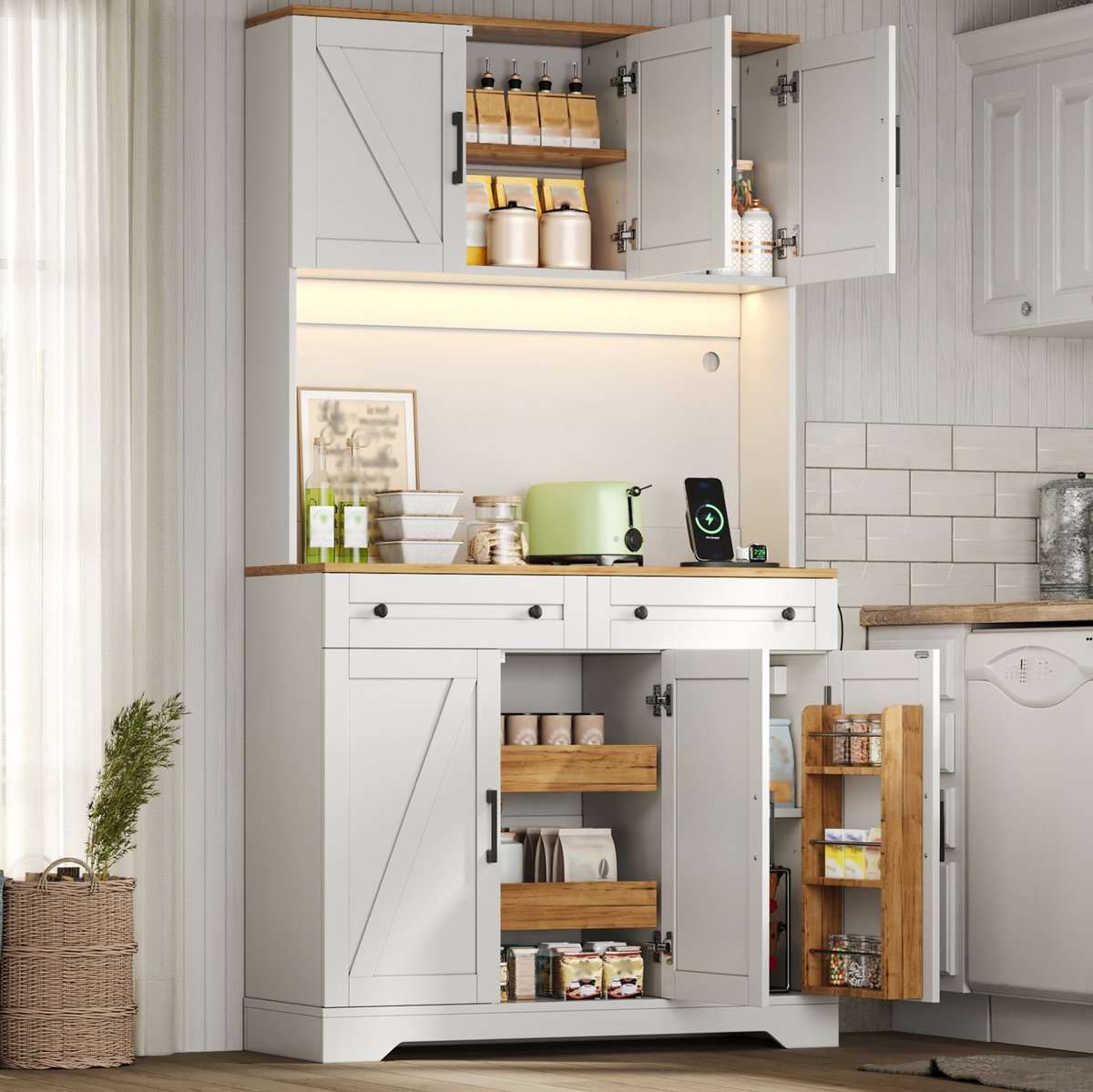 MIVRAY Keukenkast - Hoge Voorraadkast Met LED Verlichting En Stopcontact - Voor Keuken En Eetkamer - MDF - Wit Naturel - 100x40x180 Cm