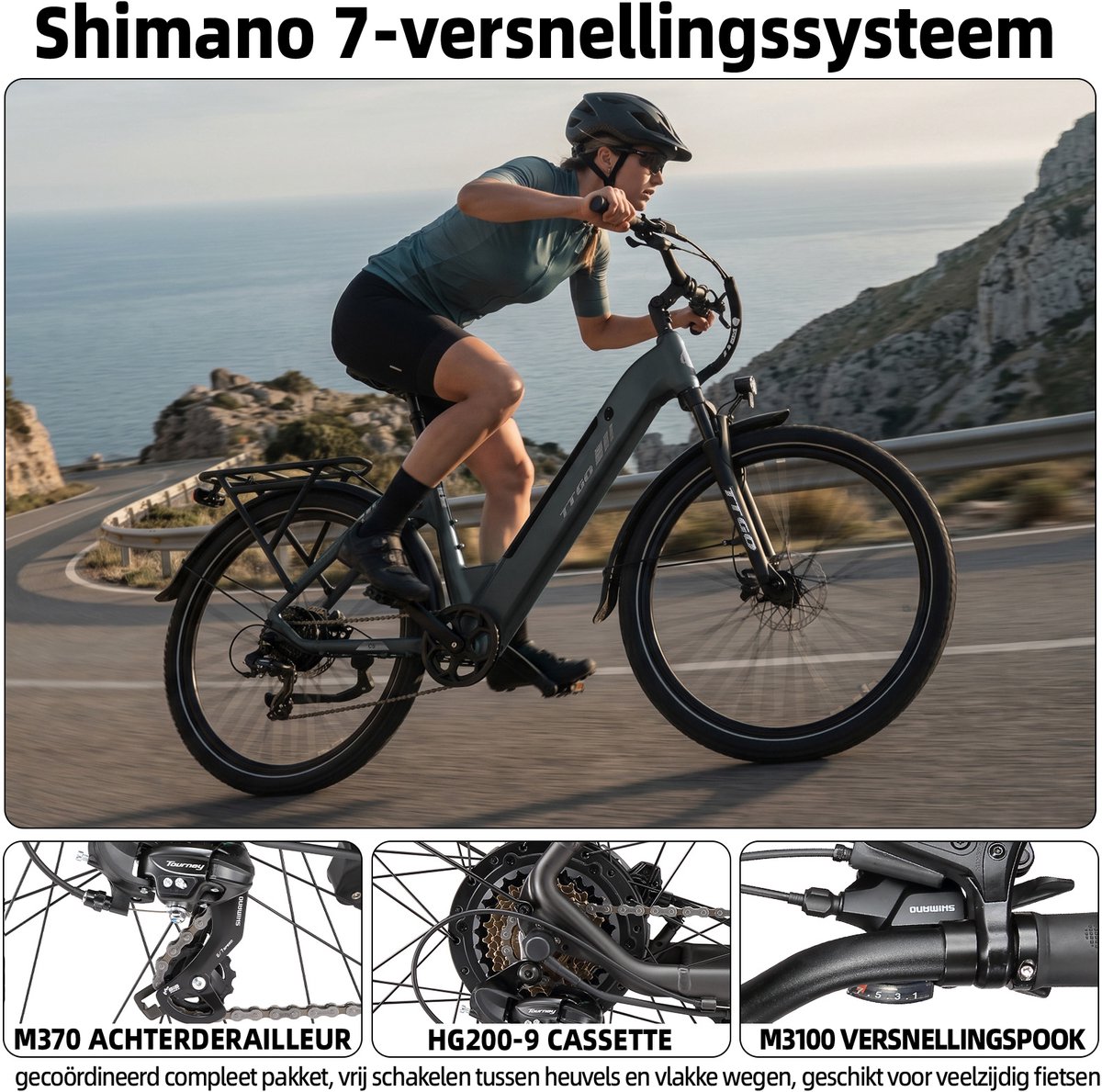 TTGO C5 Elektrische Fiets – 250W Motor – 48V 13.5Ah Accu – 90-110 km Bereik – 27.5"×2.4" Banden – Drievoudige Vering – Shimano 7s – Hydraulische Schijfremmen - Grijs thumbnail 3