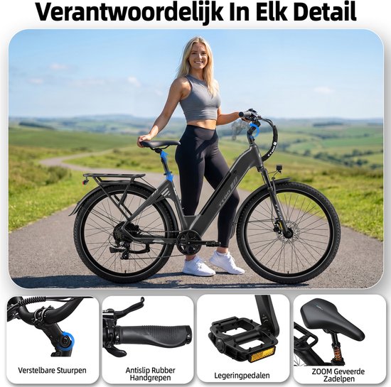 Vrouw met grijze TTGO C5 e-bike. Details: verstelbare stuurpen, handgrepen, pedalen en zadel.