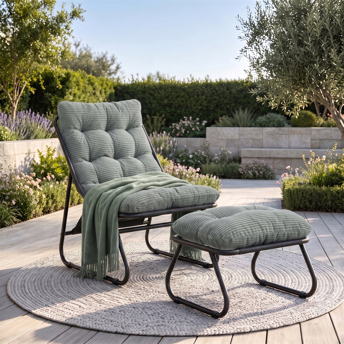 Intebiki loungestoel met poef 65 x 78 x 86 cm - terrasstoelen - ergonomische tuinstoelen - Met Voetenbank En Dikke Kussens - Geschikt voor woonkamer, slaapkamer of kantoor - lichtgroen