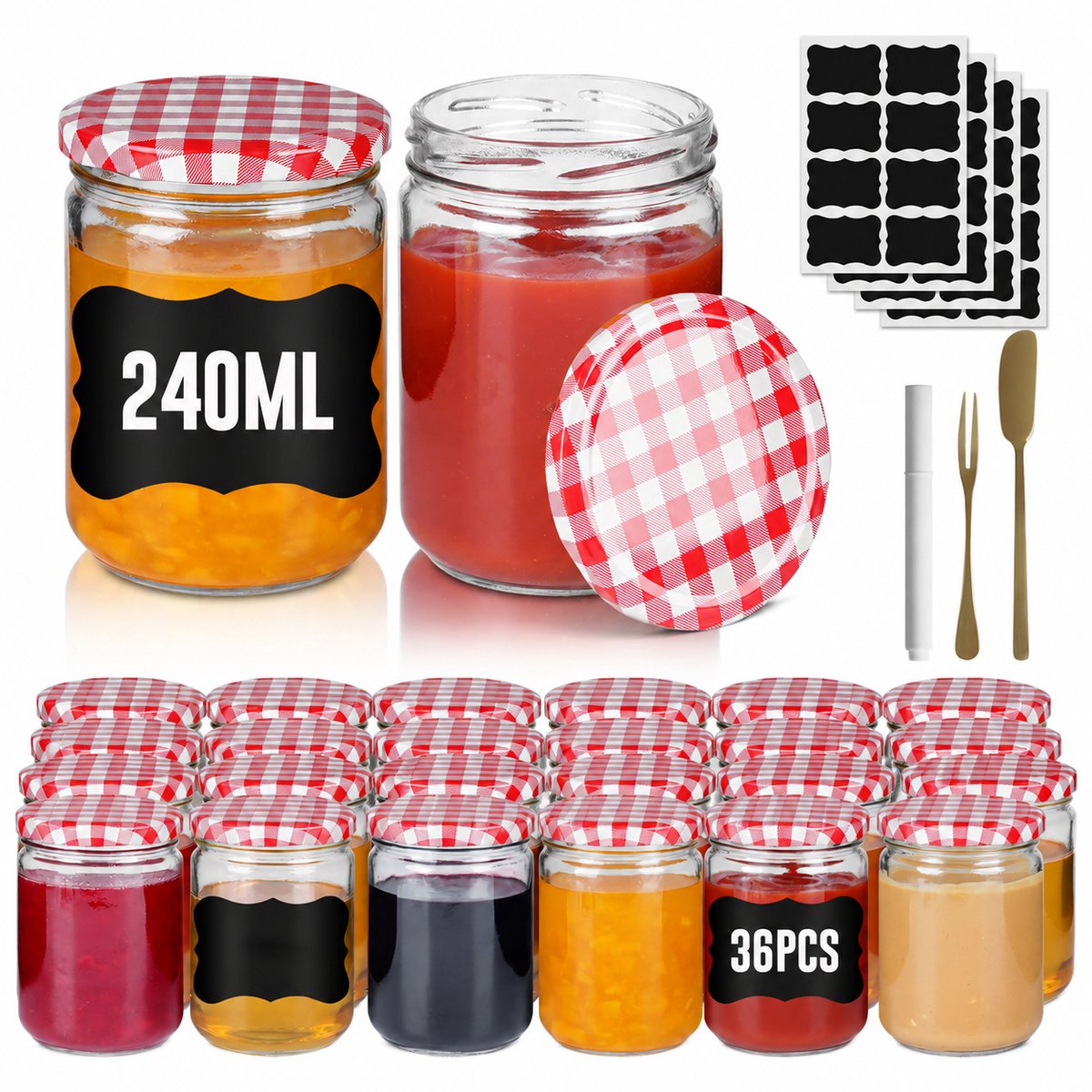 Mini Weckpotten Set 36 stuks 240 ml - Rond Transparant Glas met Metalen Deksel - Luchtdichte Mason Jar voor Honing, Kruiden en Marmelade - Rood & Wit Geruit - NAIZY