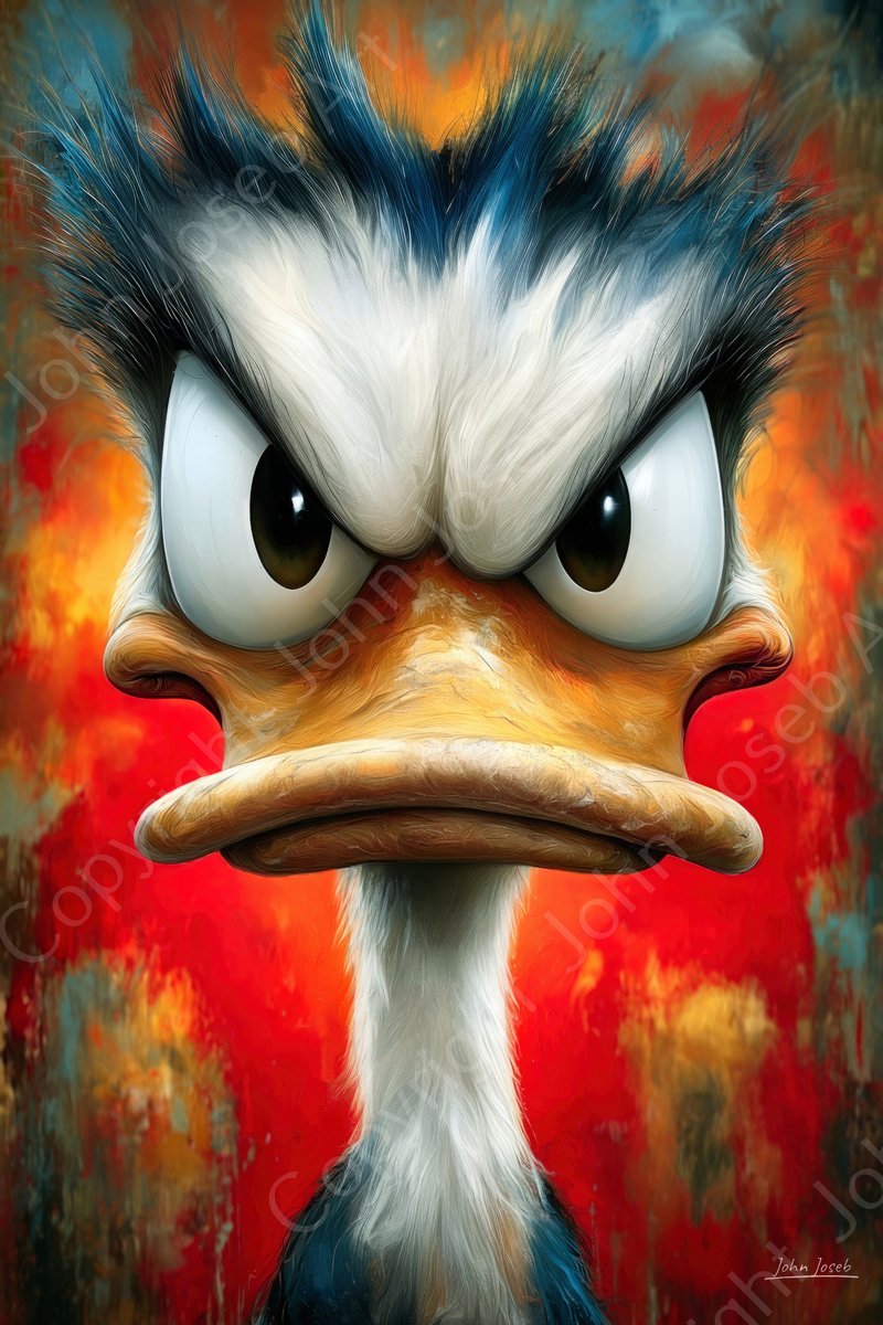 John Joseb Art (Aluminium) 80x120 | Grappige boze eend, portret, kleurrijk, felle kleuren, kunst, dier, vogel, rood, bruin, wit, blauw, modern | foto-schilderij op dibond, metaal wanddecoratie