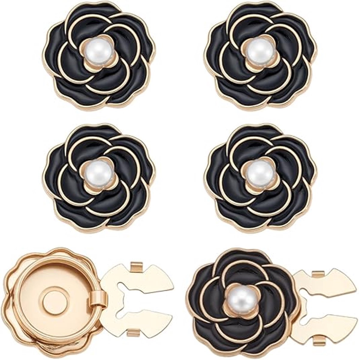 6 Stuks Zwarte Camelia Knoopversieringen van Allooi - Met Parel en Gouden Basis - Unisex - Geschikt voor Overhemden, Blouses en Jassen - Feestelijk en Zakelijk Gebruik