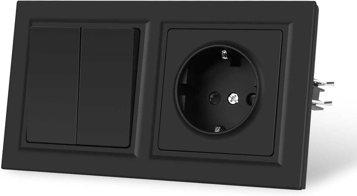 SnelShoppen - Lichtschakelaar met Stopcontact, 2-gang, 1-weg, Inbouw, Zwart, Muur, Dubbel Stopcontact, Modern Design, EU Normen
