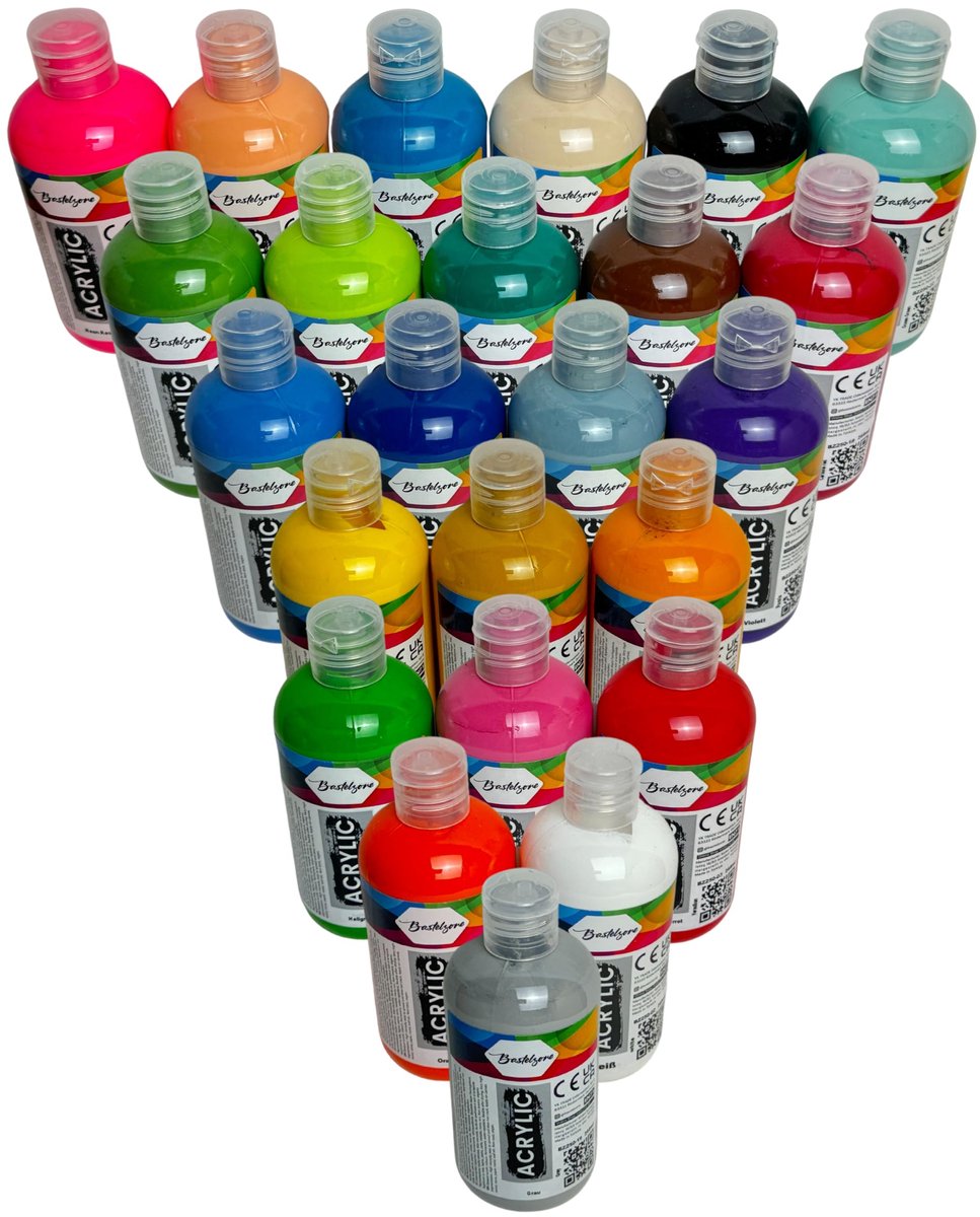 SnelShoppen - Acrylverfset 24 kleuren 250 ml - Sterk gepigmenteerde en dekkende verf voor canvas, hout, steen, papier, metaal - Multifunctionele verf