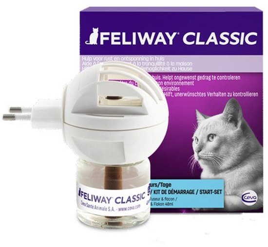 Feliway Classic startset met stekker en 48 ml flacon. Verdamper met kattenafbeelding op de verpakking.