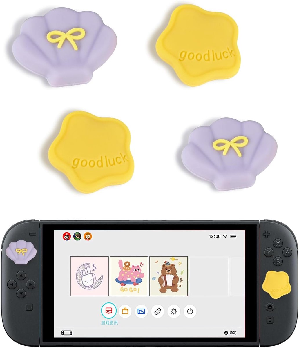 SnelShoppen - 4 Stuks Cute Soft Joystick Cap voor Switch 2 - 3D Design Siliconen Anti-slip Thumb Grips - Paars + Geel - Perfect voor Gamers
