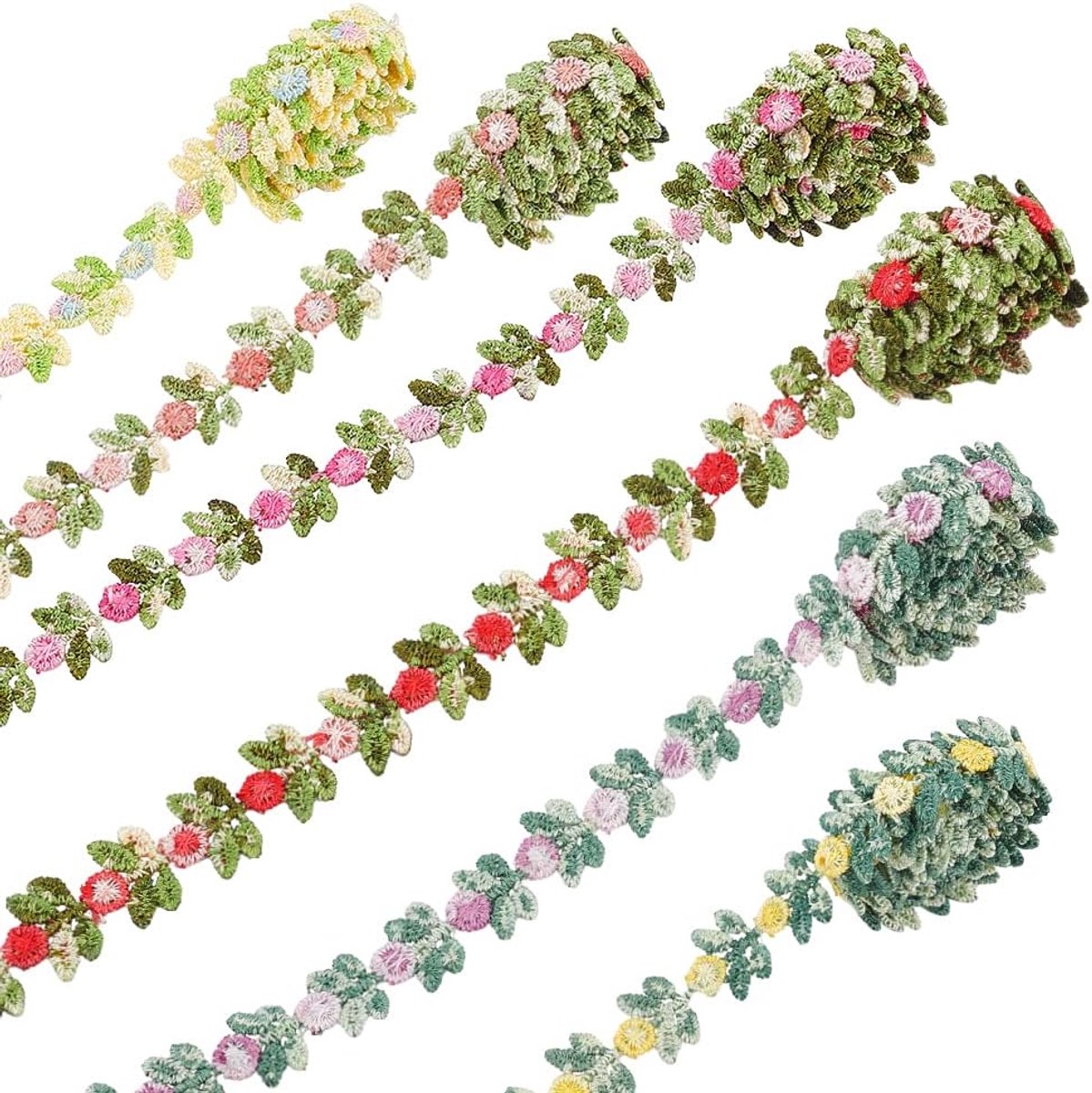6 iarda/5,5 m roze bloemenkant rand, 6 rollen decoratieve band polyester geborduurd kleurrijk om te naaien, bruid, ornamenten, kant voor kleding, handwerk, armband