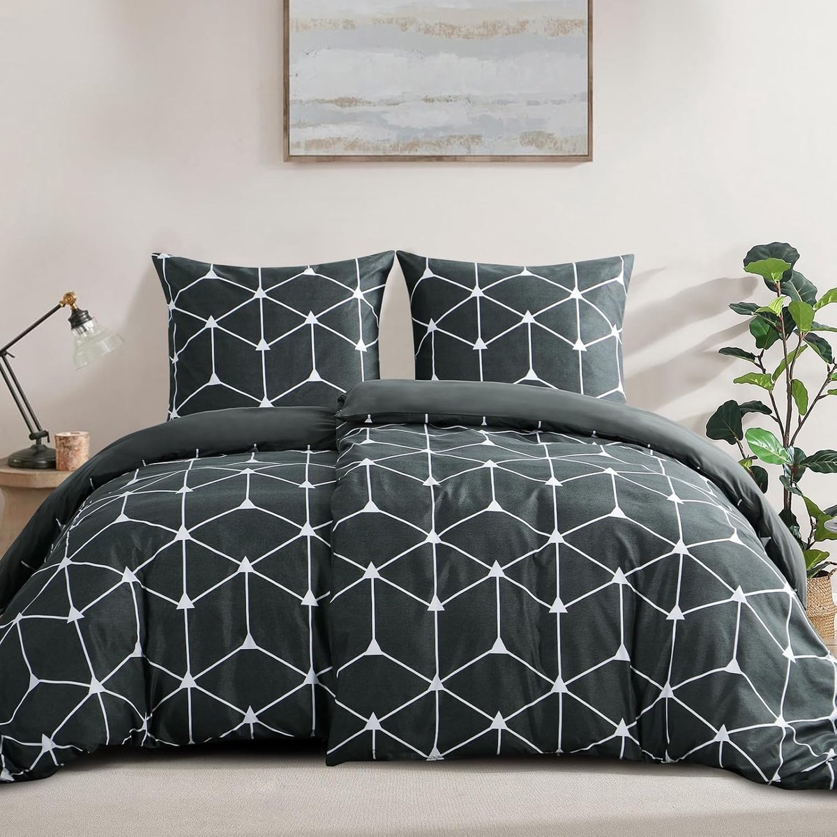 SnelShoppen - Bed Linnen Set 135 x 200 cm - 4-delige Anthraciet Dekbedovertrekken met Geometrisch Patroon - Microvezel, Zacht, Strijkvrij, voor een Co