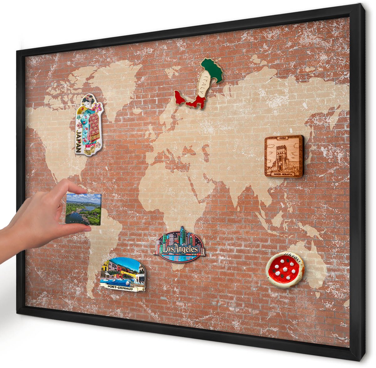 Artprintcave Bruin Magneetbord mit Zwart Frame - 70x50 cm - Bakstenen Plattegrond Magnetische Organizer - Industrieel/Loft Notitiebord - Kaarten