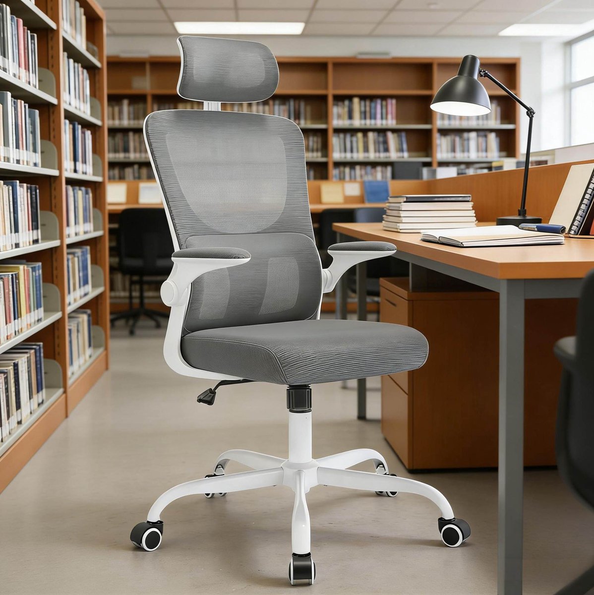 REDOM- Bureaustoel - Hoge netrugleuning met hoofdsteun - Verstelbare zithoogte en kantelbare rugleuning - Met armleuningen en wielen - Mesh en metaal - Grijs - 62 x 123,5 x 69,5 cm