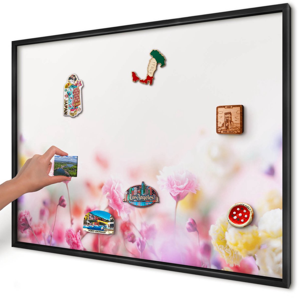 Artprintcave Roze Magneetbord mit Zwart Frame - 100x70 cm - Pastelkleurige Bloemen Wandbord Magnetisch - Abstract Magnetisch Bord Voor Magneten - Bloemen En Planten