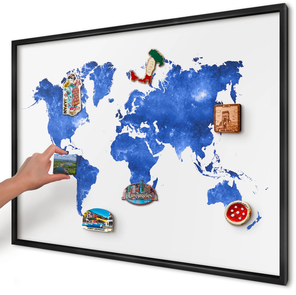 Artprintcave Blauw Magneetbord mit Zwart Frame - 100x70 cm - Wereldkaart Memobord Keuken - Abstract Notitiebord - Kaarten